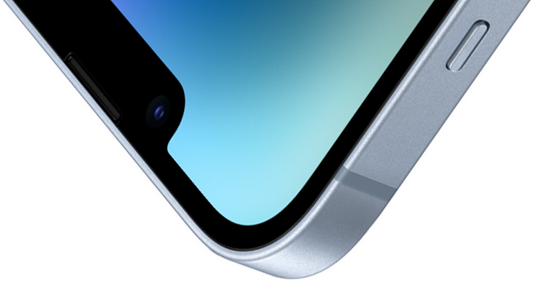 Coin supérieur gauche d’un iPhone 14 avec face avant Ceramic Shield.