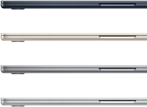 Quatre portables MacBook Air montrant les finitions disponibles : minuit, lumière stellaire, gris sidéral et argent