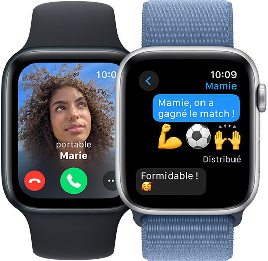 Deux écrans d’Apple Watch SE. L’un affichant un appel entrant. L’autre, un fil de discussion dans Messages.