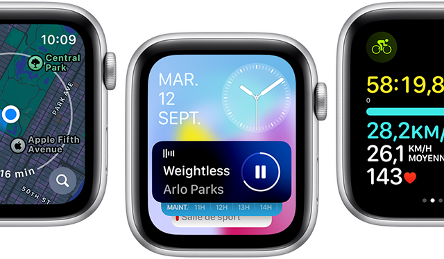 Vue avant de plusieurs Apple Watch SE affichant différents écrans d’apps actualisées.
