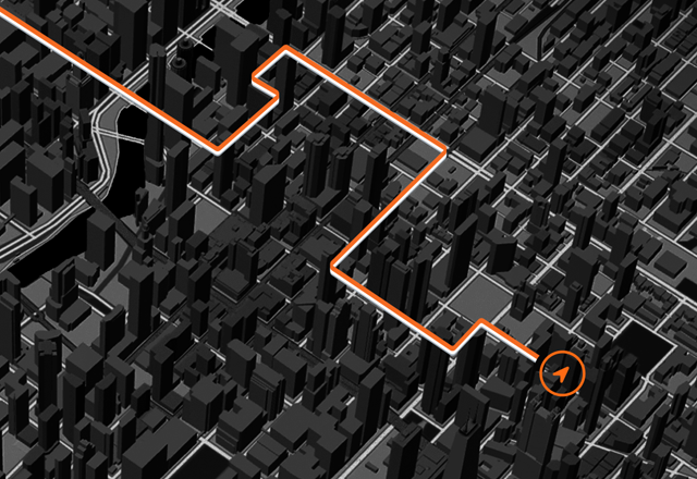 Carte mettant en évidence un itinéraire à travers un environnement urbain dense pour montrer les capacités du GPS haute précision