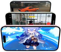 Trois iPhone placés les uns derrière les autres, affichant des jeux et des enregistrements vidéo sur leurs écrans pour démontrer les performances exceptionnelles de la puce