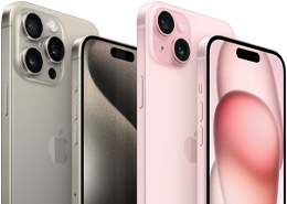 Vue avant et arrière d’un iPhone 15 Pro en titane naturel et d’un iPhone 15 rose