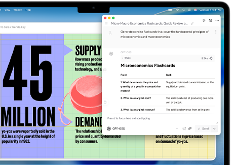 Écran de MacBook Air montrant les Outils d’écriture d’Apple Intelligence en train de créer des fiches de synthèse sur la micro et la macroéconomie