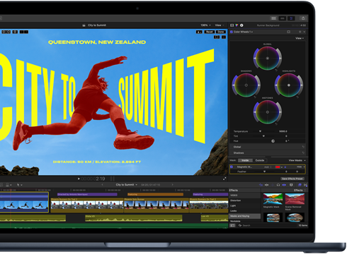 Écran de MacBook Air, vue partielle, montrant un montage vidéo pour mettre en avant les capacités de la puce M5