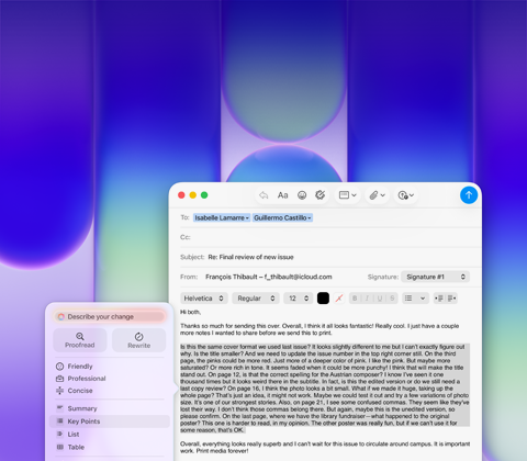 Écran de MacBook Neo, utilisant les Outils d’écriture d’Apple Intelligence dans Mail pour réviser un long paragraphe d’un e-mail contenant des commentaires sur une publication