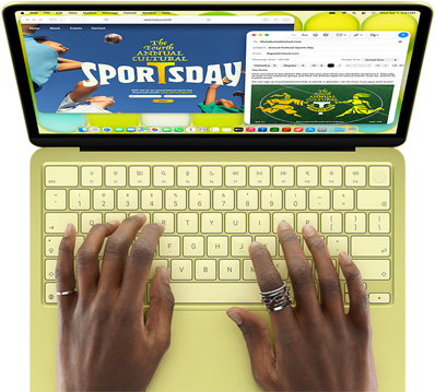 MacBook Neo, couleur jaune agrume, mains sur le clavier, la personne utilisatrice compose un e-mail d’invitation à un évènement sportif, le site web de l’évènement est ouvert en parallèle