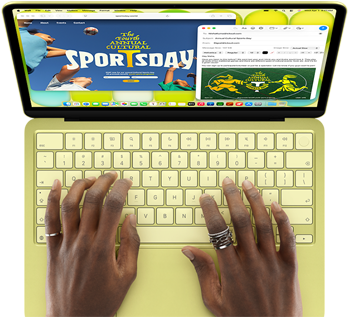 MacBook Neo, couleur jaune agrume, mains sur le clavier, la personne utilisatrice compose un e-mail d’invitation à un évènement sportif, le site web de l’évènement est ouvert en parallèle