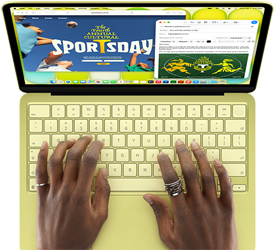 MacBook Neo, couleur jaune agrume, mains sur le clavier, la personne utilisatrice compose un e-mail d’invitation à un évènement sportif, le site web de l’évènement est ouvert en parallèle