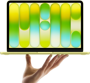 MacBook Neo couleur jaune agrume, en équilibre sur le bout des doigts d’une main ouverte, écran affichant un motif abstrait coloré
