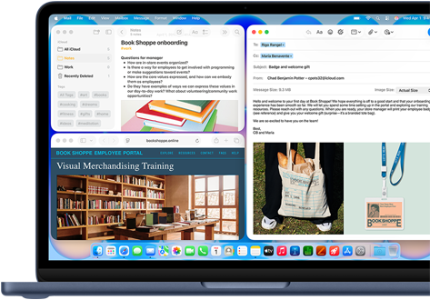 MacBook Neo, couleur indigo, écran affichant la rédaction d’un e-mail de bienvenue pour une nouvelle recrue dans une librairie, d’autres fenêtres en mosaïque contiennent un document Notes sur l’intégration et le site web du portail destiné au personnel de la librairie dans Safari