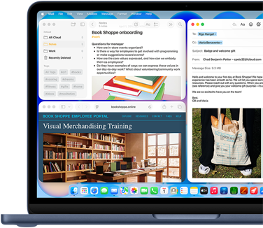 MacBook Neo, couleur indigo, écran affichant la rédaction d’un e-mail de bienvenue pour une nouvelle recrue dans une librairie, d’autres fenêtres en mosaïque contiennent un document Notes sur l’intégration et le site web du portail destiné au personnel de la librairie dans Safari