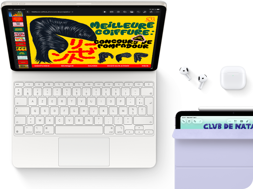 iPad Air, coloris lumière stellaire, écran affichant des graphismes colorés, fixé à un Magic Keyboard, à côté des accessoires Airpods Pro et Apple Pencil Pro