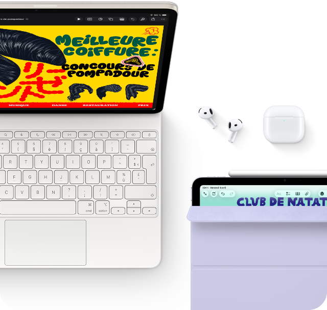 iPad Air, coloris lumière stellaire, écran affichant des graphismes colorés, fixé à un Magic Keyboard, à côté des accessoires Airpods Pro et Apple Pencil Pro 19