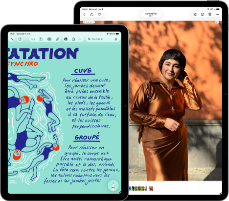 Deux iPad Air, modèles 11 pouces et 13 pouces, le modèle 11 pouces affiche du texte coloré dans l’app Notes, le modèle 13 pouces affiche la photo d’une personne dans l’app Photos