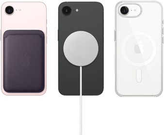 iPhone 17e rose pastel avec Porte-cartes en tissage fin violet nuit, iPhone 17e noir avec coque en silicone noire avec chargeur MagSafe, iPhone 17e blanc dans une coque transparente avec MagSafe