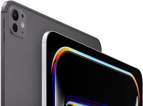 iPad Pro, face arrière, noir sidéral, boutons de réglage du volume et système caméra pro, iPad Pro, face avant, argent, angles arrondis, cadre noir de l’écran, écran affichant un fond noir avec des lignes abstraites multicolores