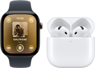 Apple Watch Series 12, boîtier en aluminium, noir, Bracelet Sport noir, app Apple Music ouverte, jumelée à des AirPods 4