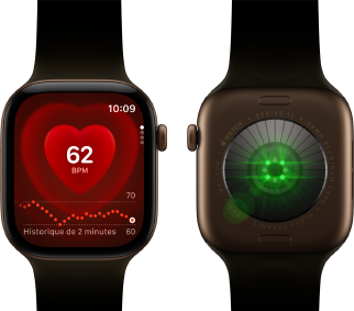 Deux Apple Watch Series 12, boîtier en aluminium, bronze sombre avec Bracelet Sport olive, l’une affichant l’app Fréquence cardiaque, l’autre montrant le Système de suivi de santé à l’arrière de la montre, avec des LED vertes lumineuses
