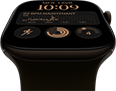 Apple Watch Series 12, boîtier en aluminium, bronze sombre, cadran Modulaire, complications : jour et date, Exercices, anneaux Activité, Apple Music, côté droit, Digital Crown, Bracelet Sport, olive