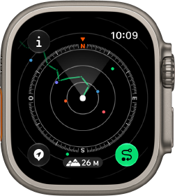 Apple Watch Ultra 4, boîtier en titane, finition naturelle, Point de départ montrant l’itinéraire avec les indications de la boussole, côté droit, Digital Crown, bouton latéral en saillie