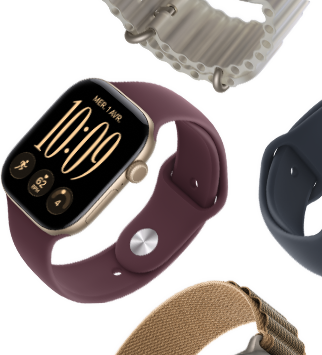 Bracelets Apple Watch Series 11 : Bracelet Sport brume violette, Bracelet Océan bleu maritime, Boucle Alpine bleu clair