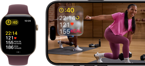Apple Watch à côté d’un iPhone affichant une séance Apple Fitness+