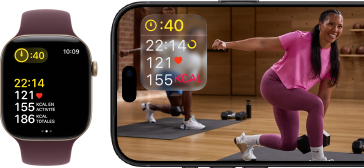Apple Watch à côté d’un iPhone affichant une séance Apple Fitness+