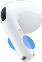 Extérieur d’un écouteur AirPod 5, cercles bleus indiquant où toucher la tige pour régler le volume