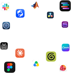 Différents glyphes d’apps sont disposés autour du texte suivant : Vos apps décollent sur macOS