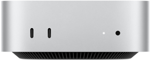 Mac mini, vue de face, boîtier argent, deux ports USB-C, bouton d’alimentation, voyant lumineux de statut, grille de ventilation en bas