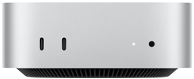 Mac mini, vue de face, boîtier argent, deux ports USB-C, bouton d’alimentation, voyant lumineux de statut, grille de ventilation en bas