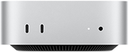 Mac mini, vue de face, boîtier argent, deux ports USB-C, bouton d’alimentation, voyant lumineux de statut, grille de ventilation en bas