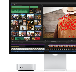 Mac mini associé à un Studio Display, écran affichant à droite l’écran titre d’un film intitulé Black American Cowboy et à gauche plusieurs images