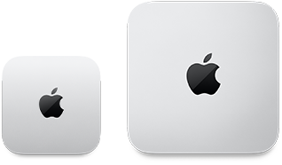 Deux Mac mini, vus de dessus, aluminium argent, angles arrondis, logo Apple noir brillant centré, l’appareil de gauche correspond à la nouvelle version et fait moins de la moitié de la taille de celui de droite