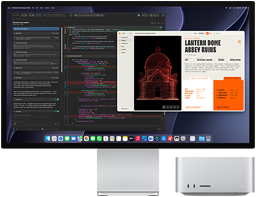 Studio Display XDR, écran affichant un document en cours de traitement dans Claude Agent dans Xcode, Mac Studio, vue de face