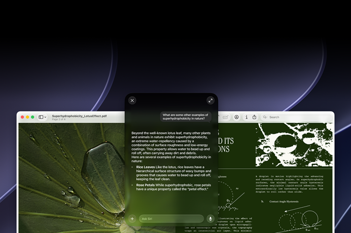 Démonstration de Siri et de l’Intelligence visuelle, requête de la personne sur un sujet figurant dans un PDF affiché sur un Mac, D’autres exemples de superhydrophobie dans la nature ?, réponse de Siri