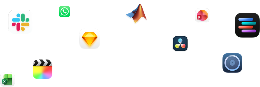 Plusieurs glyphes d’apps sont disposés autour du texte suivant : Et vos apps pro décollent