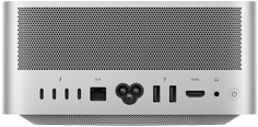 Mac Studio, arrière, évents en aluminium, quatre ports Thunderbolt 5, un port Ethernet, une prise de courant, deux ports USB-A, un port HDMI, une prise casque, bouton d’alimentation