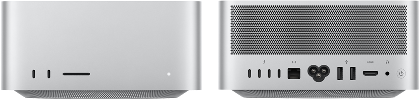 Mac Studio, avant, deux ports USB-C, lecteur de carte SDXC, voyant lumineux de statut, base fuselée, dessus plat, côtés arrondis, bords droits, finition argent, Mac Studio, arrière, évents en aluminium, quatre ports Thunderbolt 5, un port Ethernet, une prise de courant, deux ports USB-A, un port HDMI, une prise casque et bouton d’alimentation