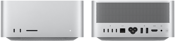 Mac Studio, avant, deux ports USB-C, lecteur de carte SDXC, voyant lumineux de statut, base fuselée, dessus plat, côtés arrondis, bords droits, finition argent, Mac Studio, arrière, évents en aluminium, quatre ports Thunderbolt 5, un port Ethernet, une prise de courant, deux ports USB-A, un port HDMI, une prise casque et bouton d’alimentation