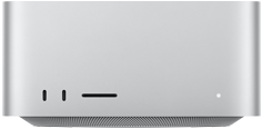 Mac Studio, avant, deux ports USB-C, lecteur de carte SDXC, voyant lumineux de statut, base fuselée, dessus plat, côtés arrondis, bords droits, finition argent, Mac Studio, arrière, évents en aluminium, quatre ports Thunderbolt 5, un port Ethernet, une prise de courant, deux ports USB-A, un port HDMI, une prise casque et bouton d’alimentation