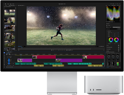 Studio Display XDR avec support intégré, le Mac Studio se loge parfaitement sous l’écran, flux de montage vidéo et d’étalonnage