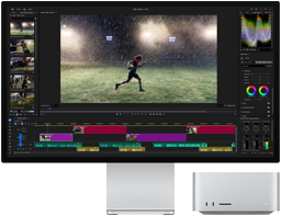 Studio Display XDR avec support intégré, le Mac Studio se loge parfaitement sous l’écran, flux de montage vidéo et d’étalonnage