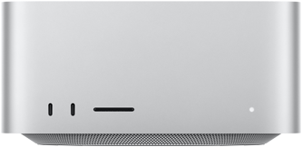 Mac Studio, avant, deux ports USB-C, lecteur de carte SDXC, voyant lumineux de statut, base fuselée, partie supérieure plate, angles arrondis, bords droits, couleur argent
