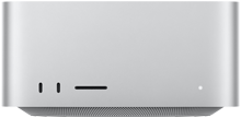 Mac Studio, avant, deux ports USB-C, lecteur de carte SDXC, voyant lumineux de statut, base fuselée, partie supérieure plate, angles arrondis, bords droits, couleur argent