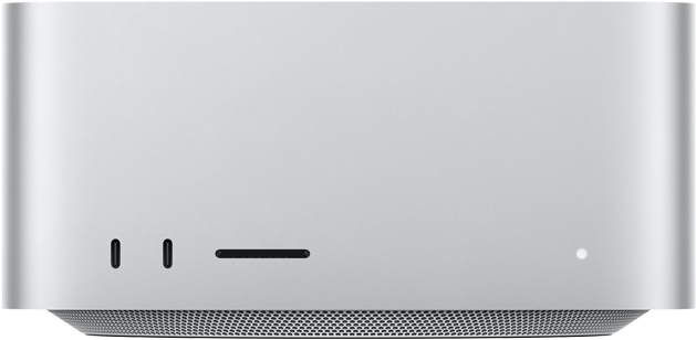 Mac Studio, de face, deux ports USB-C, lecteur de carte SDXC, voyant lumineux de statut, base fuselée, sommet plat, angles arrondis, bords droits, couleur argent