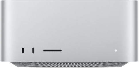 Mac Studio, de face, deux ports USB-C, lecteur de carte SDXC, voyant lumineux de statut, base fuselée, sommet plat, angles arrondis, bords droits, couleur argent