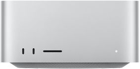 Mac Studio, de face, deux ports USB-C, lecteur de carte SDXC, voyant lumineux de statut, base fuselée, sommet plat, angles arrondis, bords droits, couleur argent