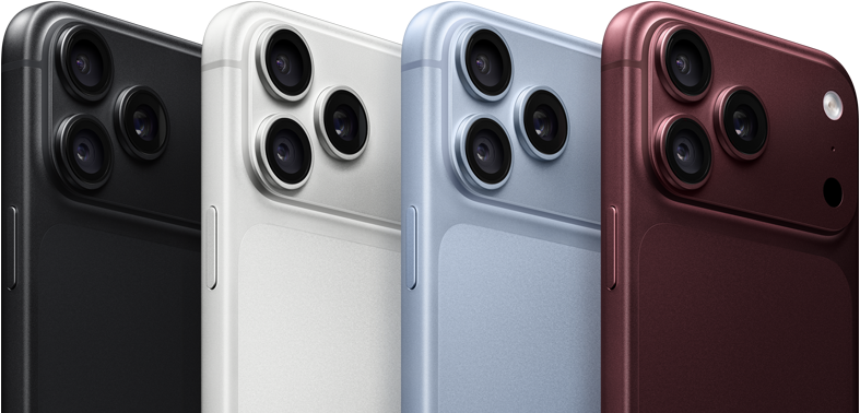 Plusieurs iPhone 18 Pro alignés, face arrière, dans les quatre finitions : bordeaux, glacier, argent, noir, système caméra Pro Fusion dans le coin supérieur gauche, 3 objectifs, micro, flash